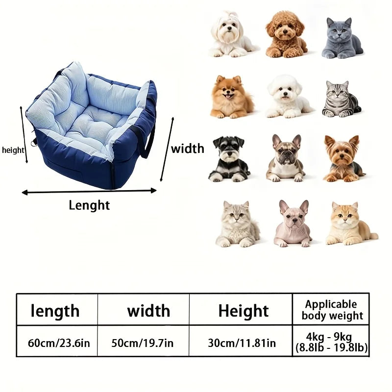 Dog Car Seat Bed Blue‑Stripe Pet Car Booster Seat With Safety Belt Washable Anti‑Collision Travel Sofa For Dogs And Cats