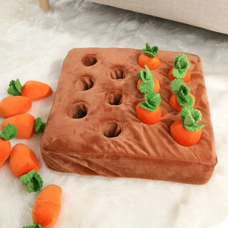 Carrot Farm Plush Snuffle Toy, Squeaky Carrots Hide & Seek Puzzle, Dog Cat Foraging Nose‑Work Washable Stress Relief Pet Toy