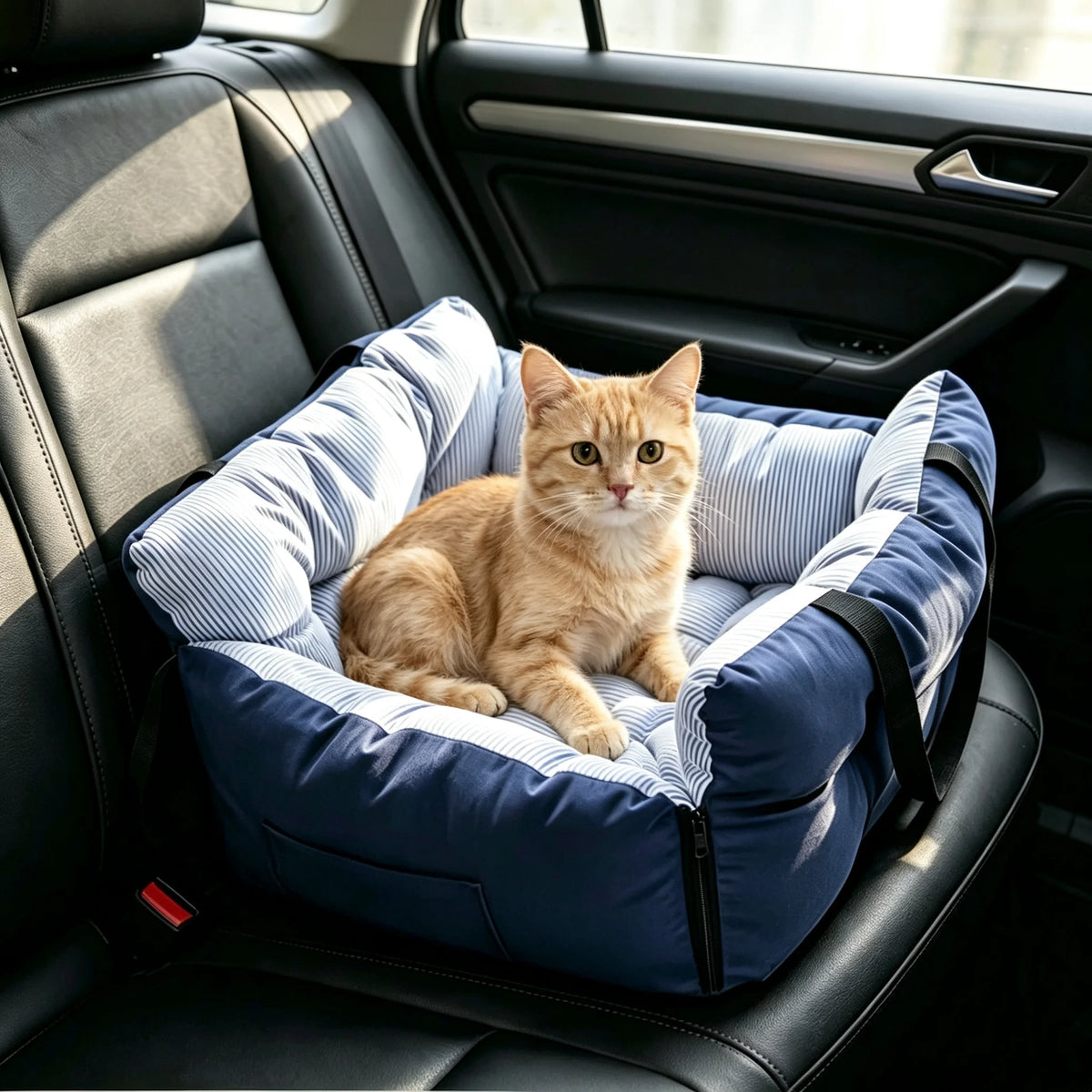 Dog Car Seat Bed Blue‑Stripe Pet Car Booster Seat With Safety Belt Washable Anti‑Collision Travel Sofa For Dogs And Cats