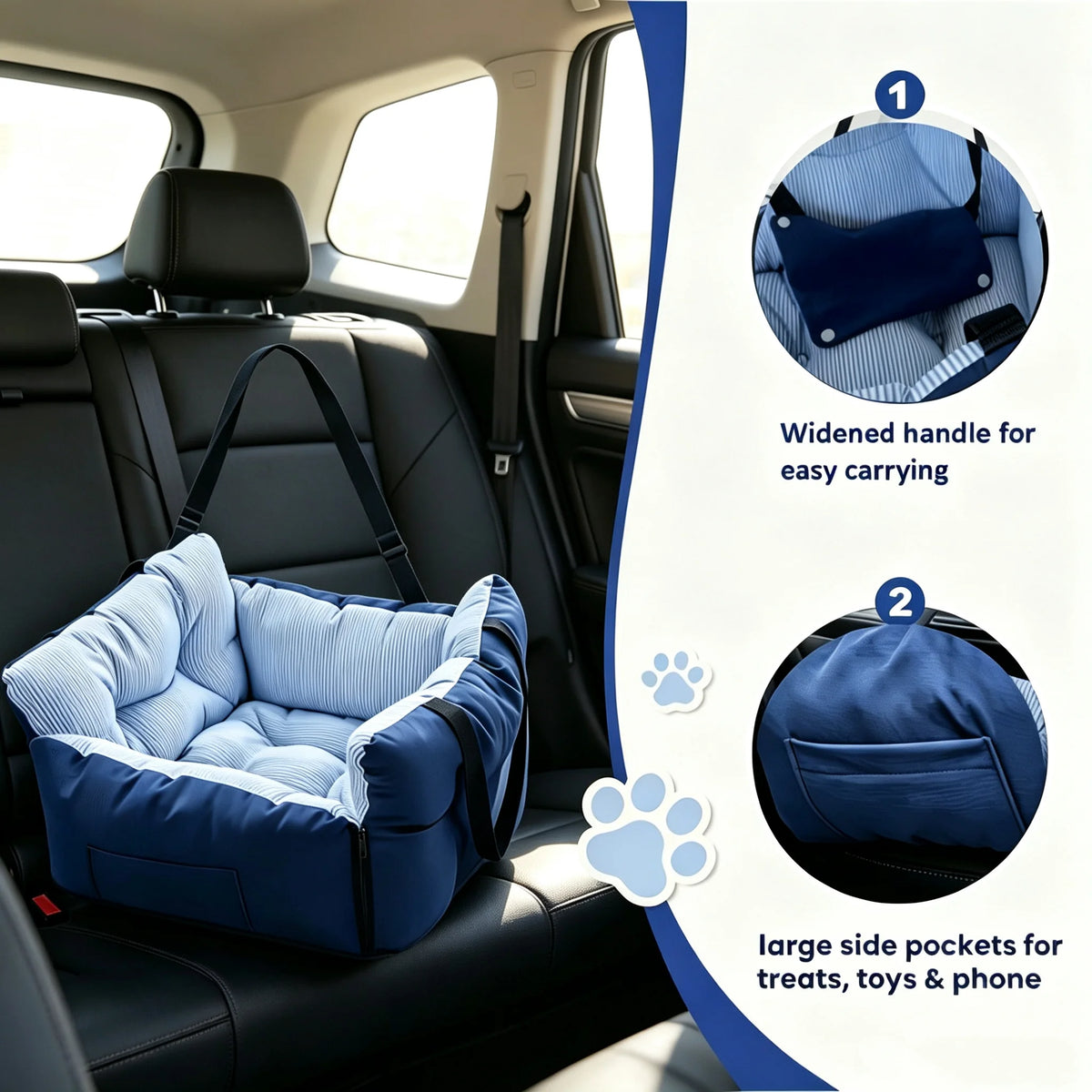 Dog Car Seat Bed Blue‑Stripe Pet Car Booster Seat With Safety Belt Washable Anti‑Collision Travel Sofa For Dogs And Cats