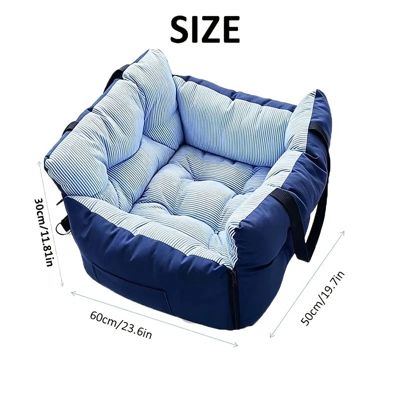 Dog Car Seat Bed Blue‑Stripe Pet Car Booster Seat With Safety Belt Washable Anti‑Collision Travel Sofa For Dogs And Cats