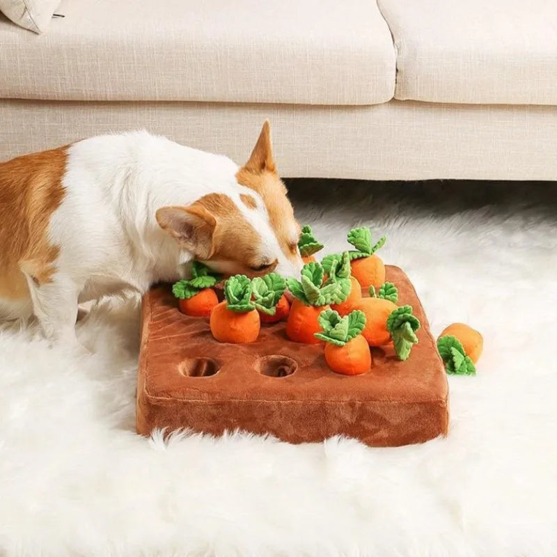 Carrot Farm Plush Snuffle Toy, Squeaky Carrots Hide & Seek Puzzle, Dog Cat Foraging Nose‑Work Washable Stress Relief Pet Toy