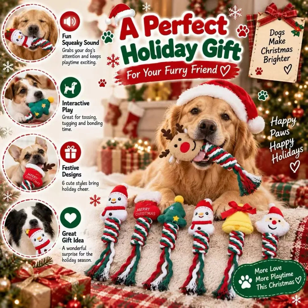 Christmas Squeaky Dog Rope Chew Toy Set Durable Cotton Rope Teething Interactive Toys for Small Medium Dogs Holiday Pet Gift