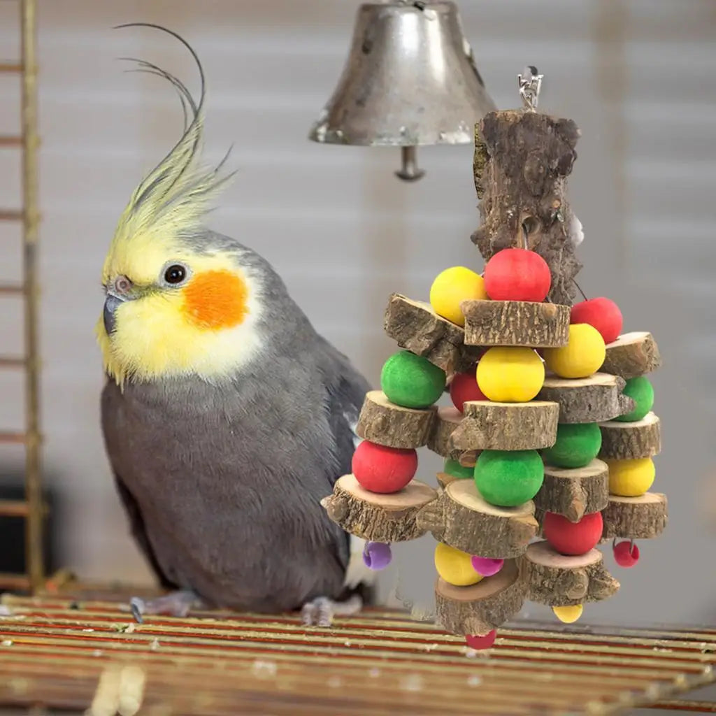 Hanging Wooden Chew Bird Toy Tabletop Playstand Perch Large Cage Accessories for Parrots and Medium Birds