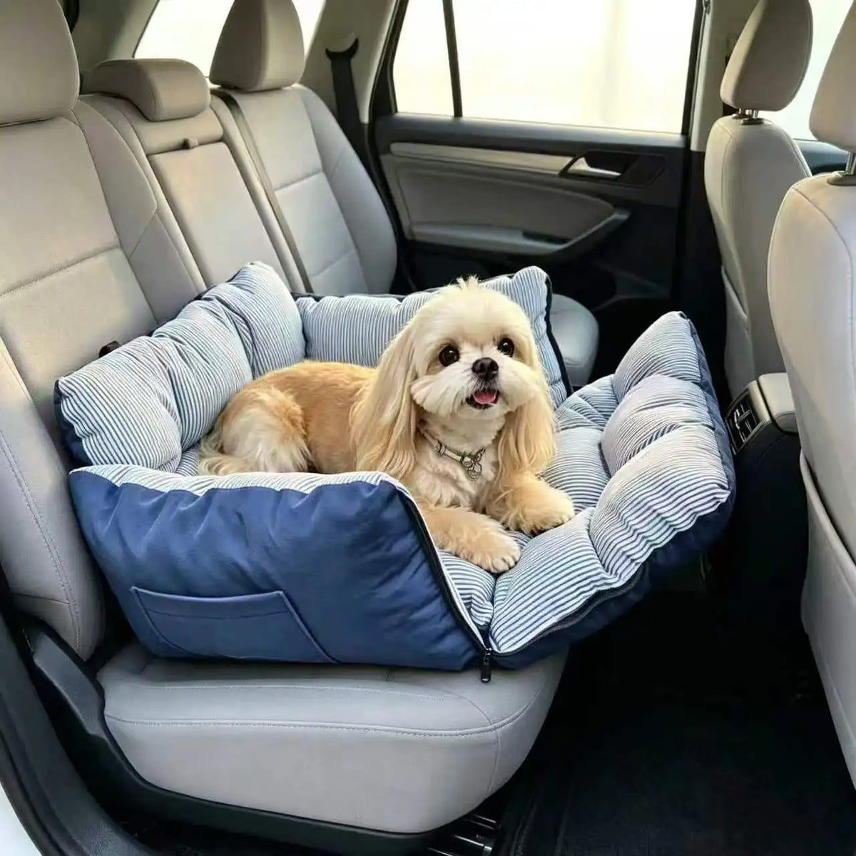 Dog Car Seat Bed Blue‑Stripe Pet Car Booster Seat With Safety Belt Washable Anti‑Collision Travel Sofa For Dogs And Cats