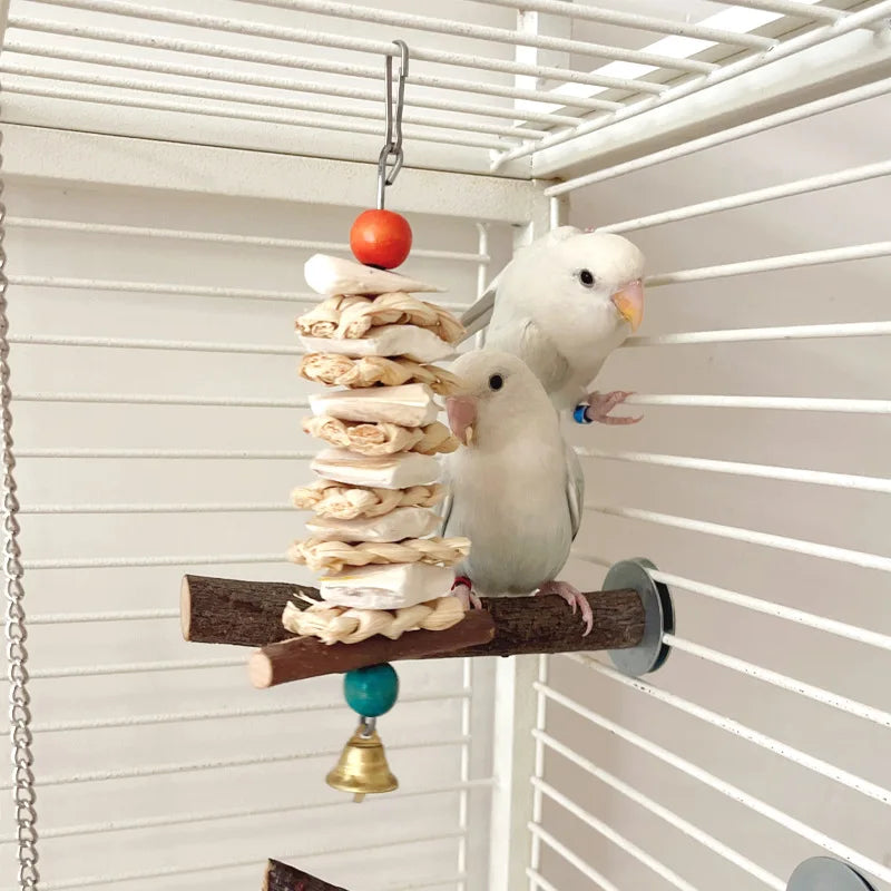 Natural Cuttlefish Bone Bird Chewing Toy Hanging Parrot Toy with Bell Calcium Supply
