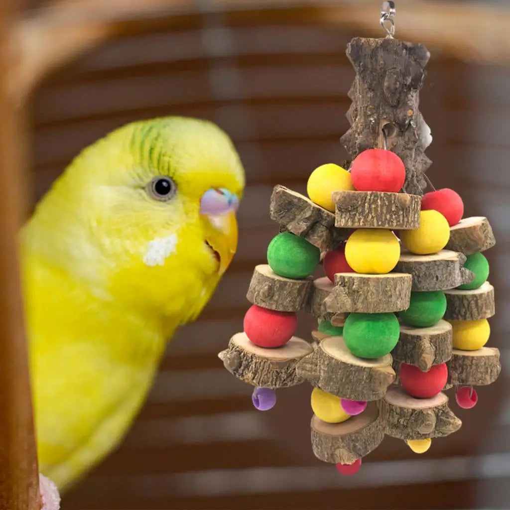 Hanging Wooden Chew Bird Toy Tabletop Playstand Perch Large Cage Accessories for Parrots and Medium Birds