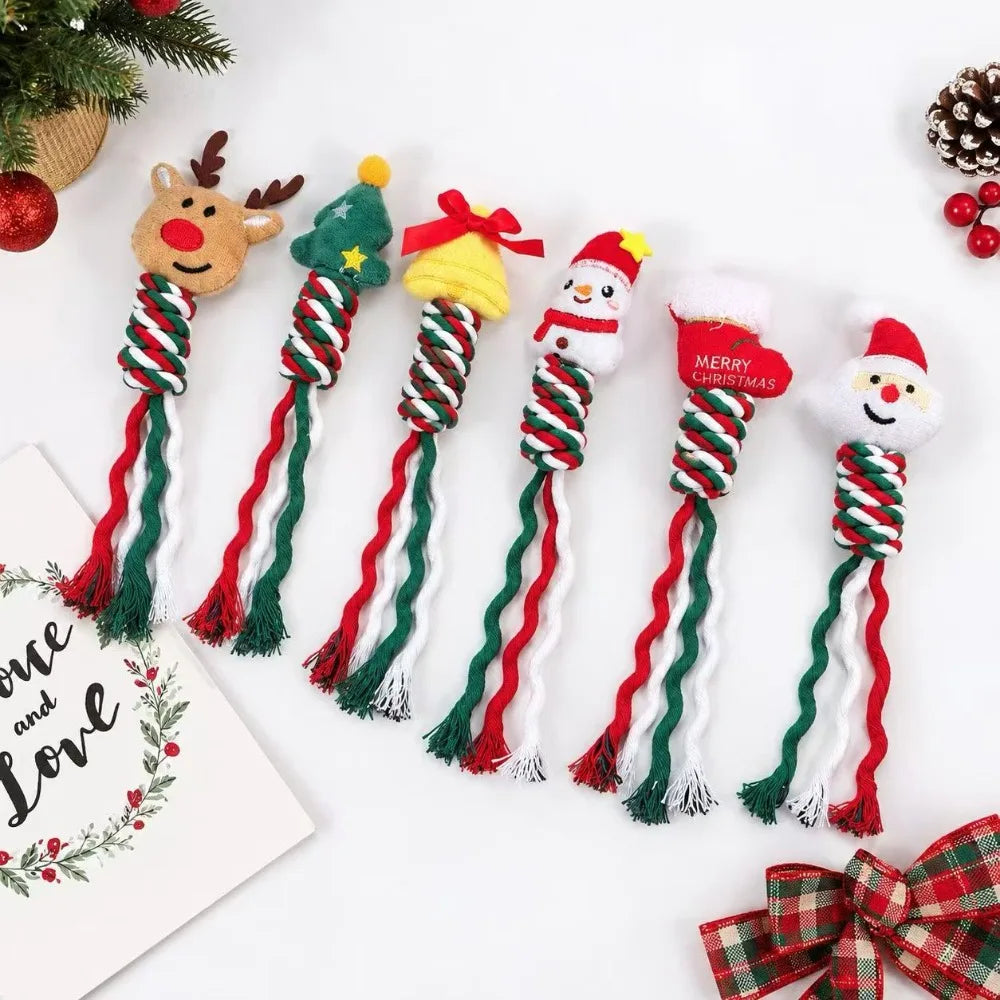 Christmas Squeaky Dog Rope Chew Toy Set Durable Cotton Rope Teething Interactive Toys for Small Medium Dogs Holiday Pet Gift
