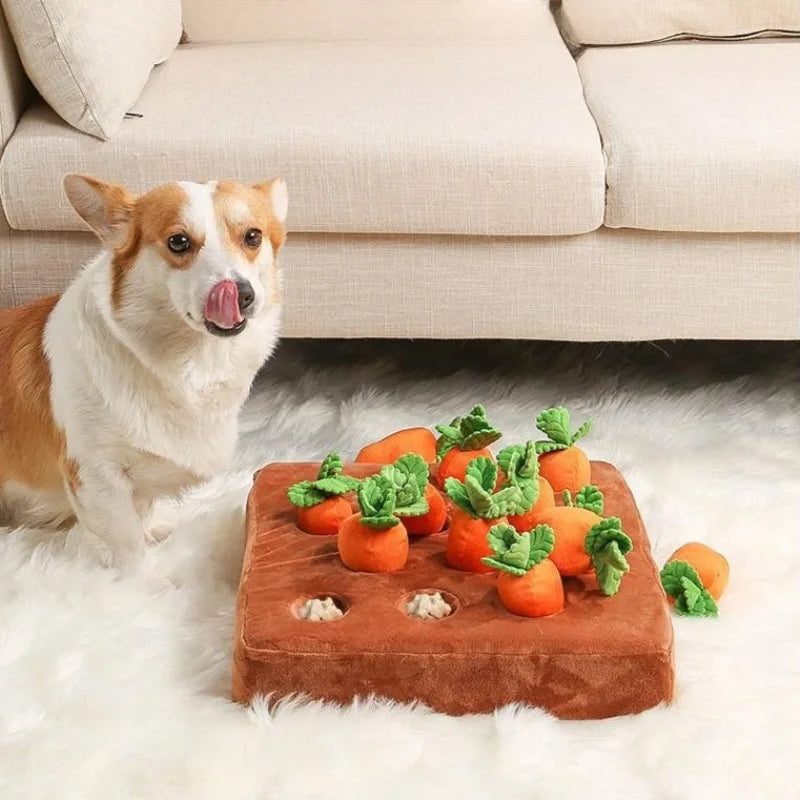 Carrot Farm Plush Snuffle Toy, Squeaky Carrots Hide & Seek Puzzle, Dog Cat Foraging Nose‑Work Washable Stress Relief Pet Toy