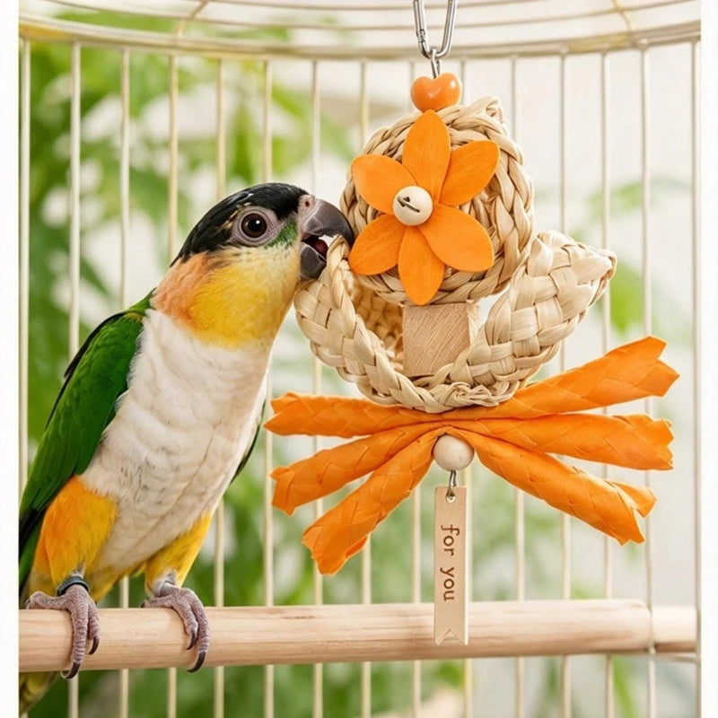 Natural Woven Parrot Chewing Toy Octopus Design Hanging Bird Beak Grinding Toy for Small Medium Parrots Cockatiel Lovebird