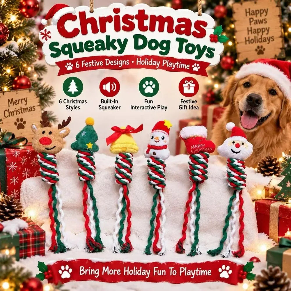 Christmas Squeaky Dog Rope Chew Toy Set Durable Cotton Rope Teething Interactive Toys for Small Medium Dogs Holiday Pet Gift