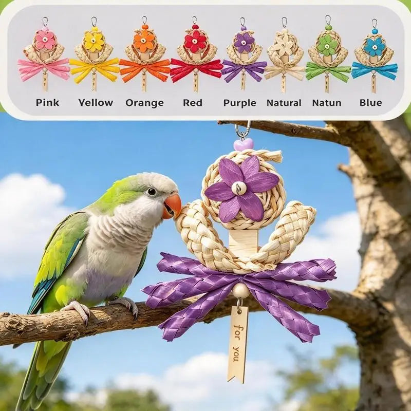Natural Woven Parrot Chewing Toy Octopus Design Hanging Bird Beak Grinding Toy for Small Medium Parrots Cockatiel Lovebird