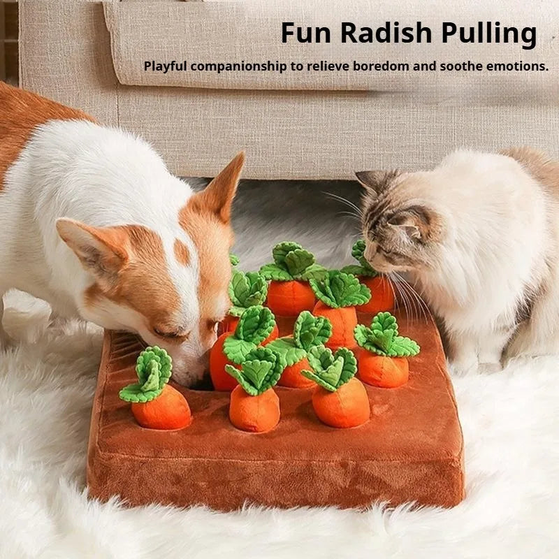 Carrot Farm Plush Snuffle Toy, Squeaky Carrots Hide & Seek Puzzle, Dog Cat Foraging Nose‑Work Washable Stress Relief Pet Toy