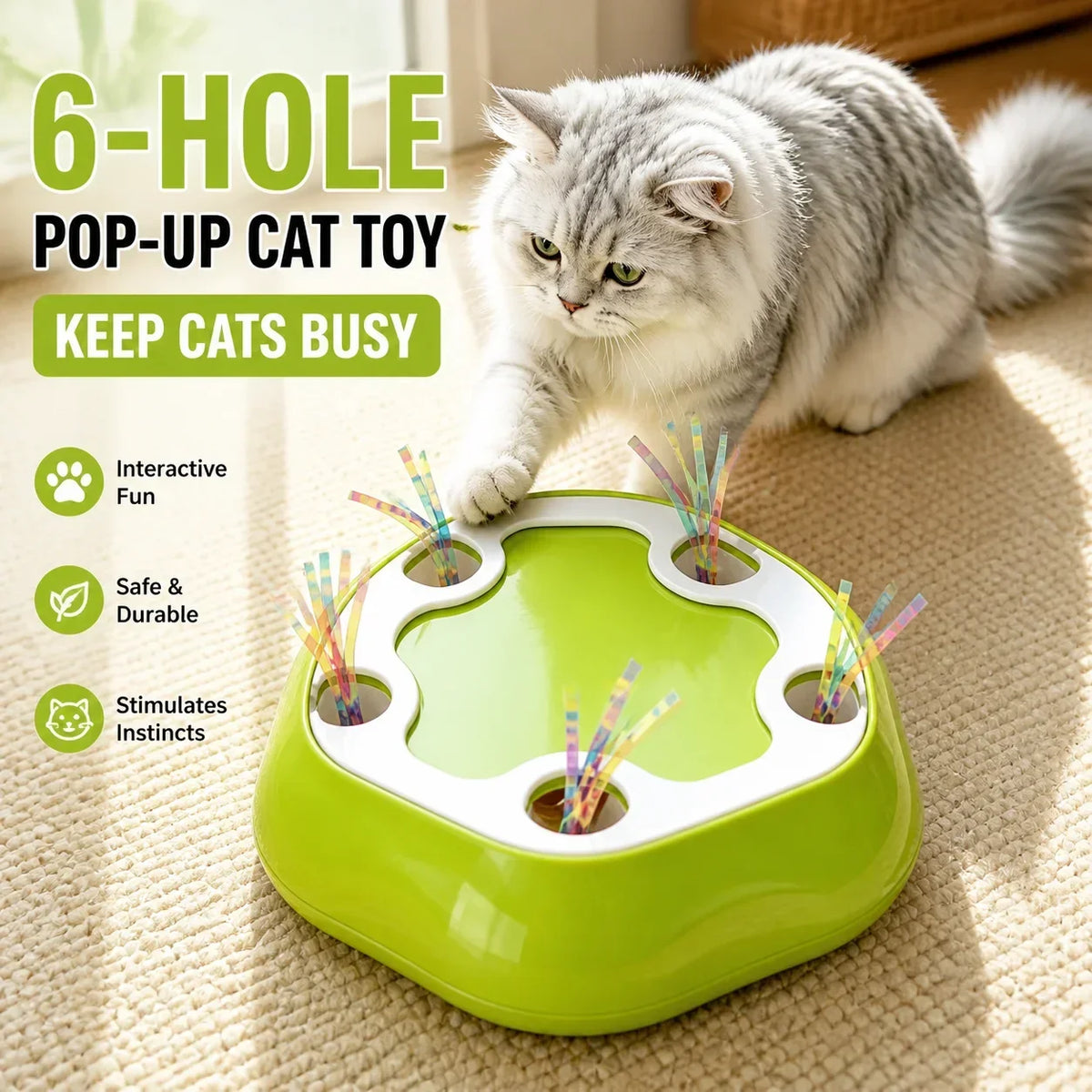 Electric Cat Whack‑A‑Mole Toy 6 Holes Automatic Pop‑Up Tassel Interactive Pet Toy Self Play Entertainment for Indoor Cats