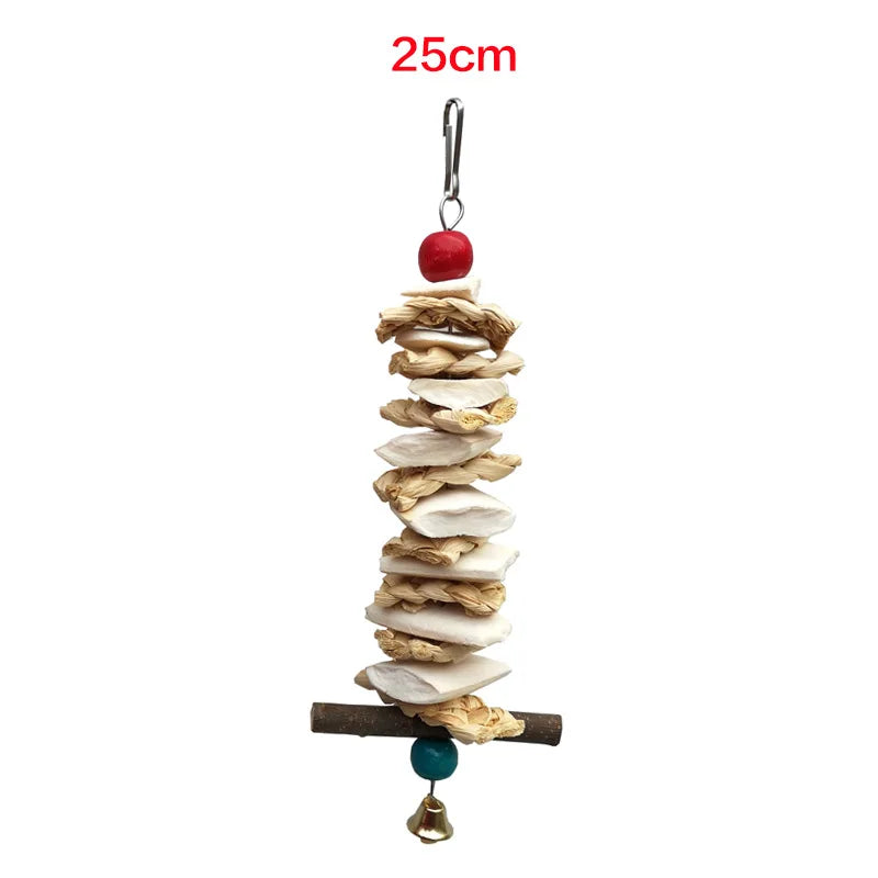 Natural Cuttlefish Bone Bird Chewing Toy Hanging Parrot Toy with Bell Calcium Supply