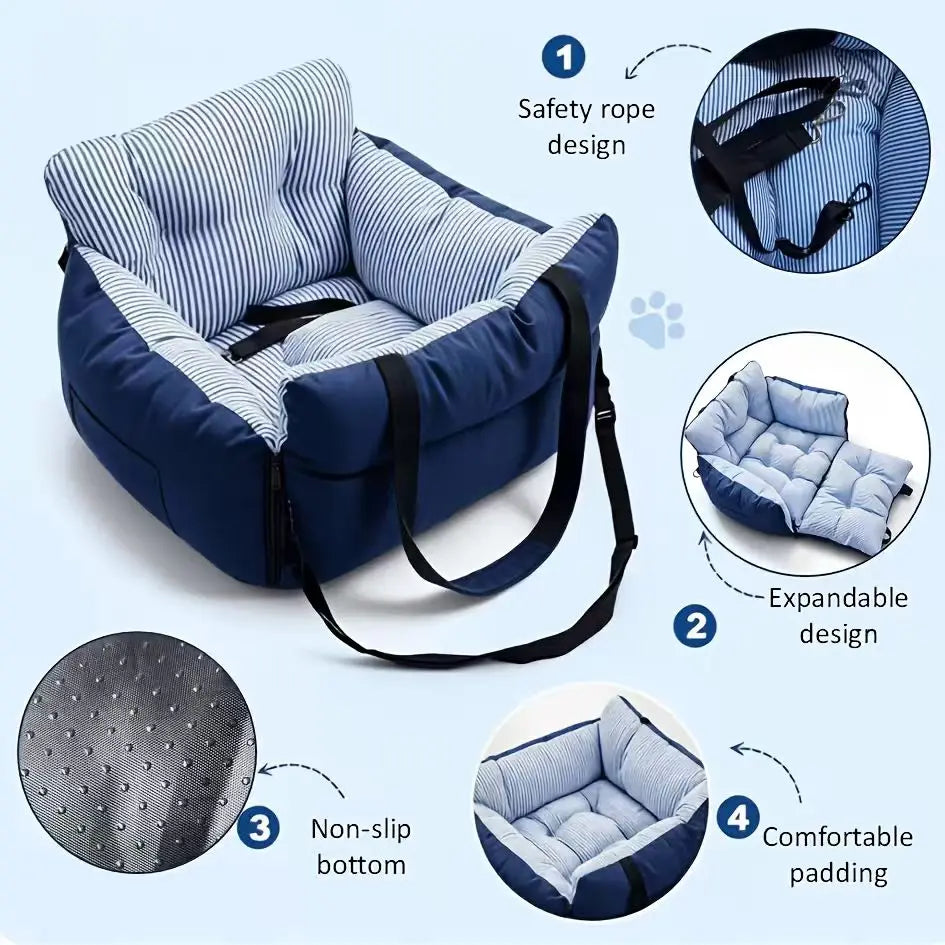 Dog Car Seat Bed Blue‑Stripe Pet Car Booster Seat With Safety Belt Washable Anti‑Collision Travel Sofa For Dogs And Cats
