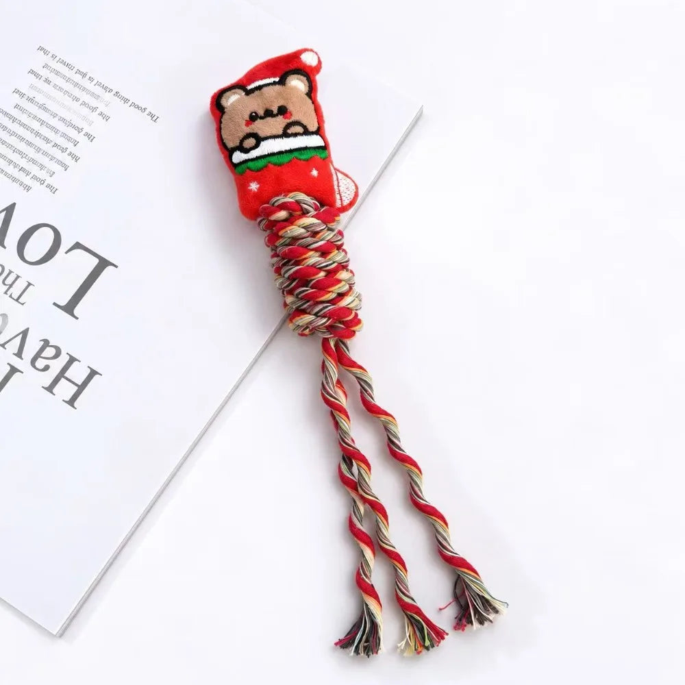 Christmas Squeaky Dog Rope Chew Toy Set Durable Cotton Rope Teething Interactive Toys for Small Medium Dogs Holiday Pet Gift