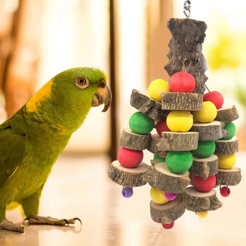 Hanging Wooden Chew Bird Toy Tabletop Playstand Perch Large Cage Accessories for Parrots and Medium Birds