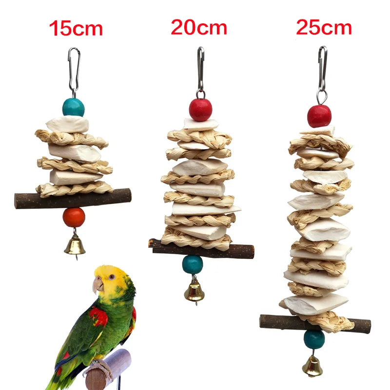 Natural Cuttlefish Bone Bird Chewing Toy Hanging Parrot Toy with Bell Calcium Supply