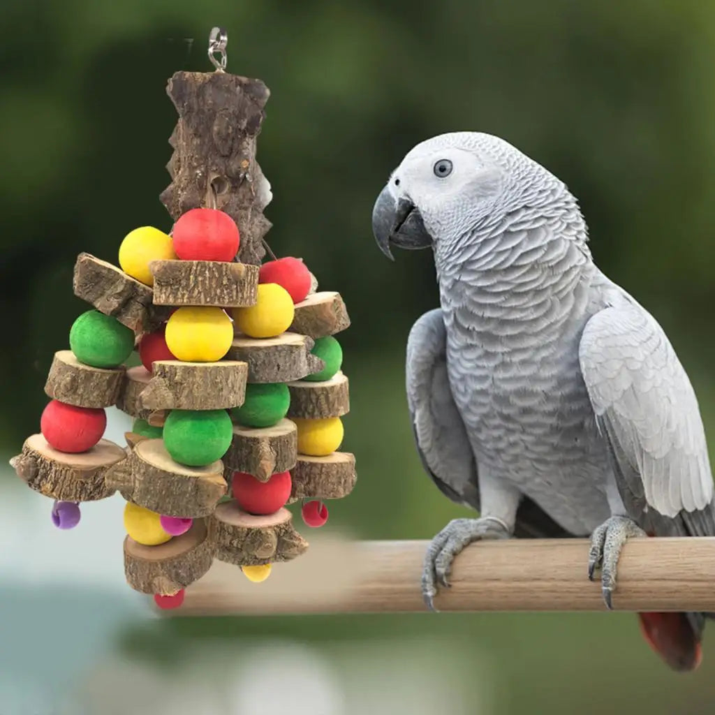 Hanging Wooden Chew Bird Toy Tabletop Playstand Perch Large Cage Accessories for Parrots and Medium Birds