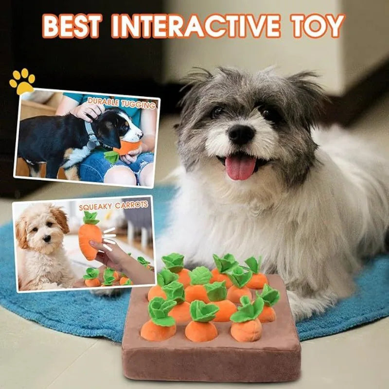 Carrot Farm Plush Snuffle Toy, Squeaky Carrots Hide & Seek Puzzle, Dog Cat Foraging Nose‑Work Washable Stress Relief Pet Toy