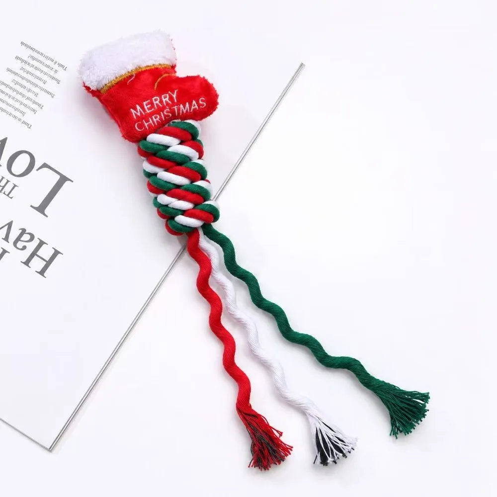 Christmas Squeaky Dog Rope Chew Toy Set Durable Cotton Rope Teething Interactive Toys for Small Medium Dogs Holiday Pet Gift