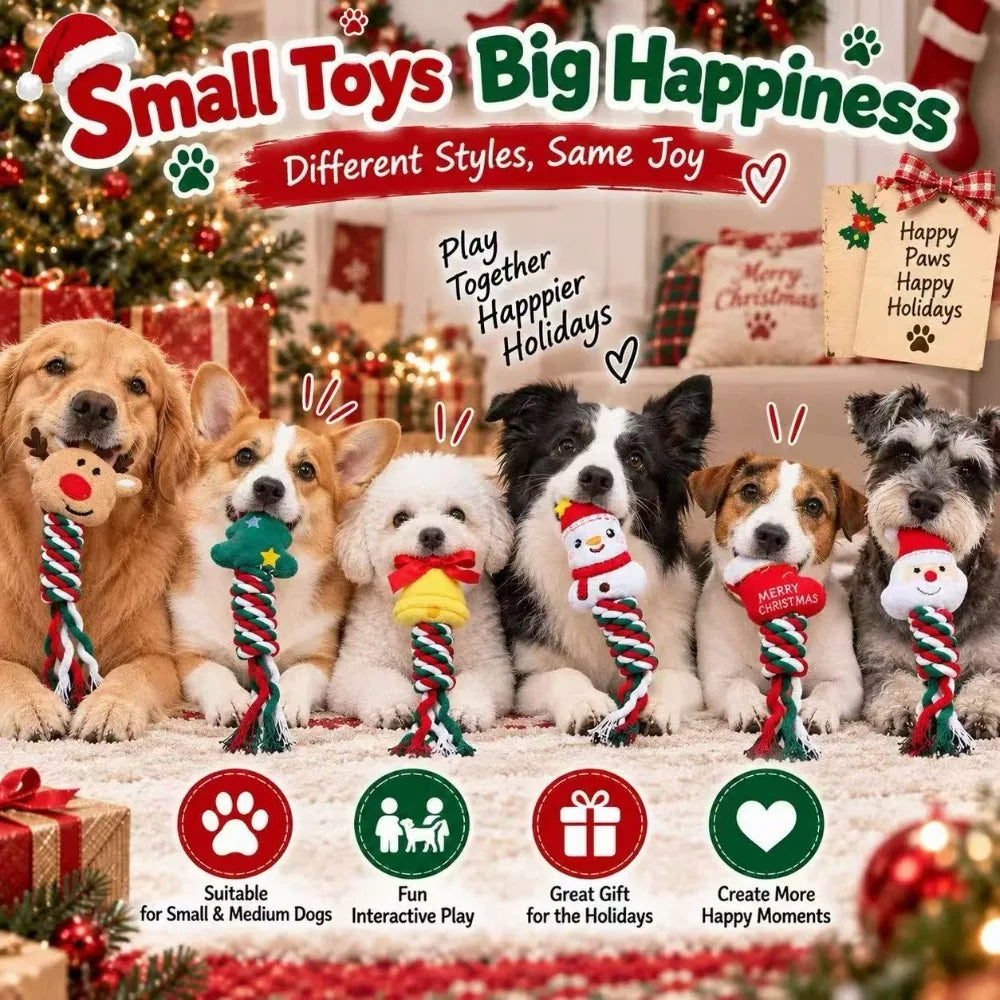 Christmas Squeaky Dog Rope Chew Toy Set Durable Cotton Rope Teething Interactive Toys for Small Medium Dogs Holiday Pet Gift